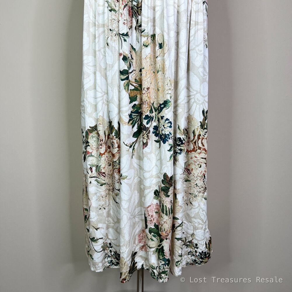 Peruvian Connection | Antique Floral Print Short Sleeve Soft Cream Midi Dress M - Picture 4 of 10